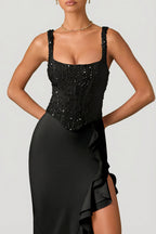 Chic Embellished Ruffle-Trim Corset Gown in Black