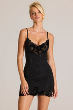 Chic Embellished Lace-Trim Mini Dress in Black