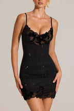 Chic Embellished Lace-Trim Mini Dress in Black