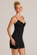 Chic Embellished Lace-Trim Mini Dress in Black