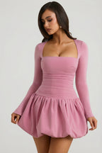 Chic Long-Sleeve Bubble Hem Mini Dress in Mauve
