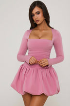 Chic Long-Sleeve Bubble Hem Mini Dress in Mauve