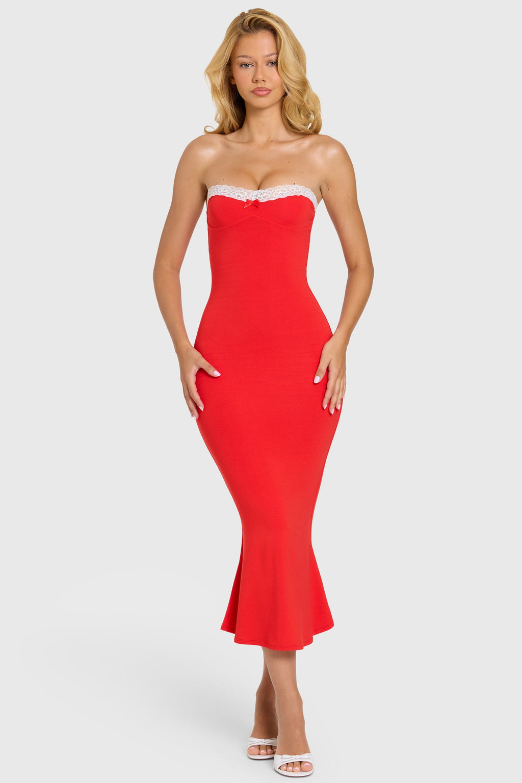 Chic Modal Lace-Trim Midaxi Dress in Cherry