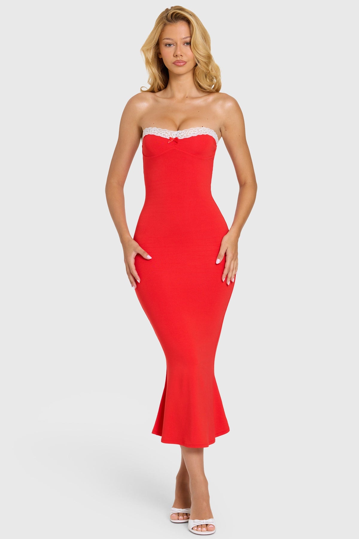 Chic Modal Lace-Trim Midaxi Dress in Cherry