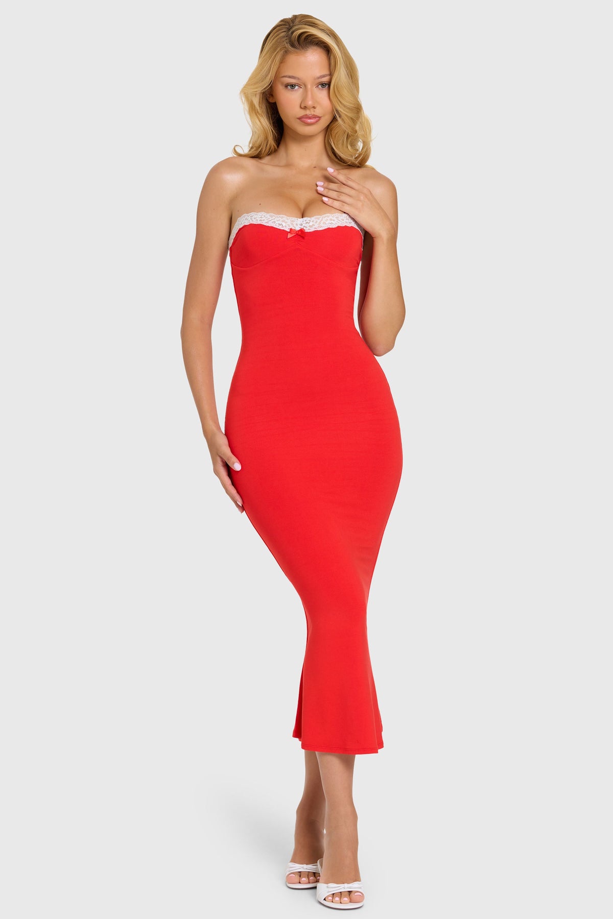 Chic Modal Lace-Trim Midaxi Dress in Cherry