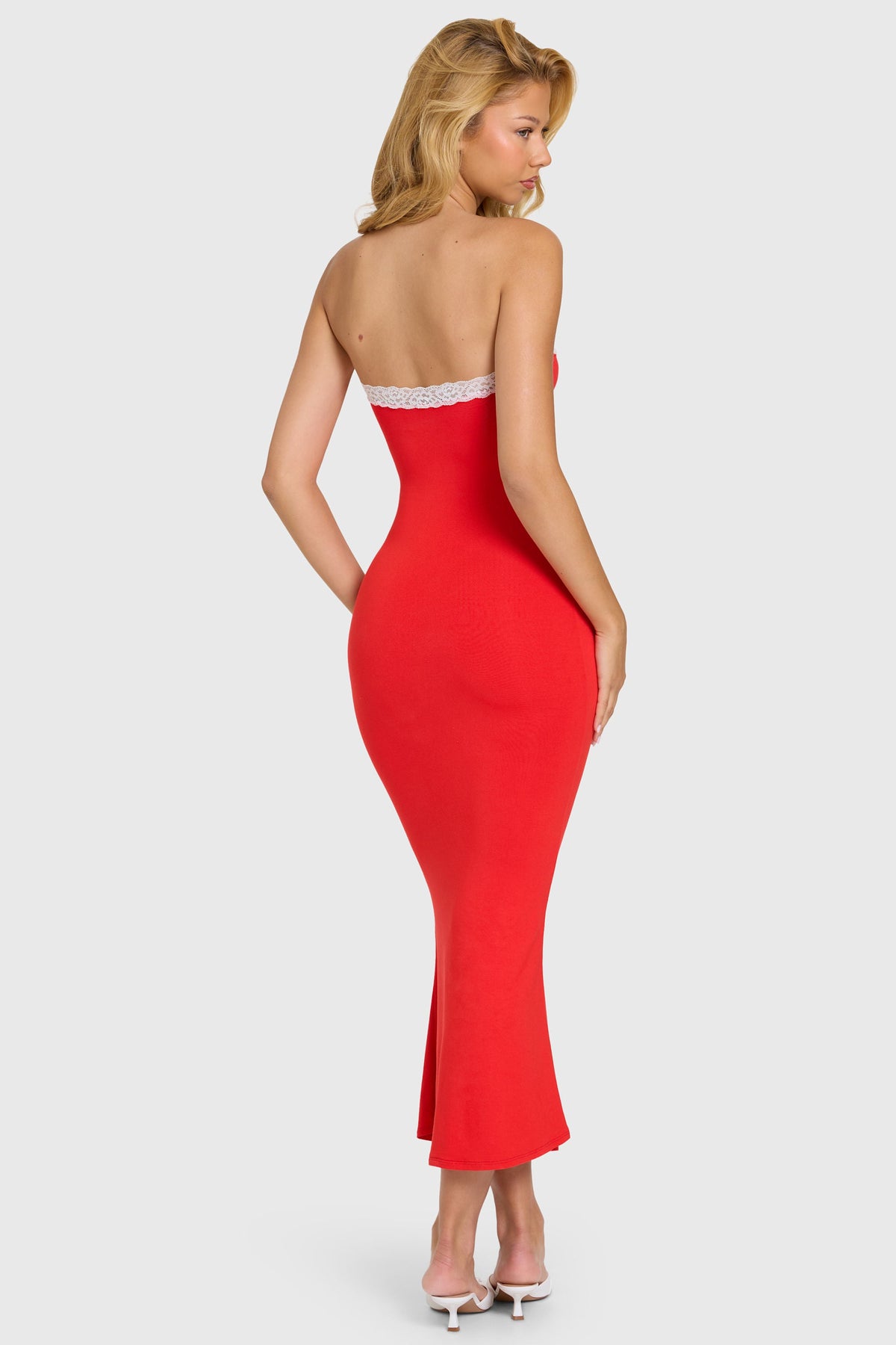 Chic Modal Lace-Trim Midaxi Dress in Cherry