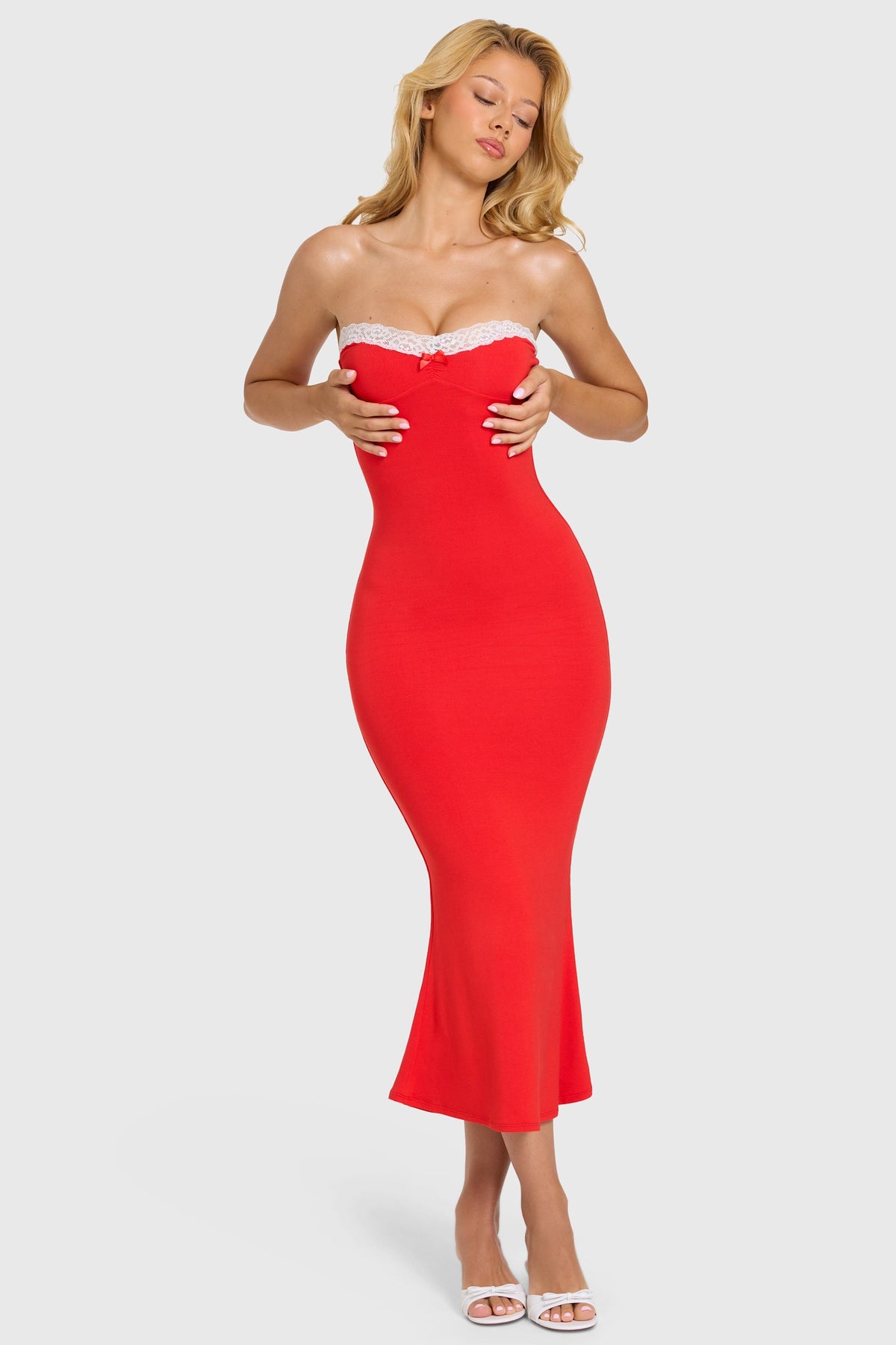 Chic Modal Lace-Trim Midaxi Dress in Cherry