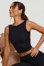Chic High Neck Open Back Crop Top in Black