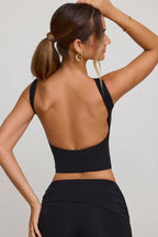 Chic High Neck Open Back Crop Top in Black