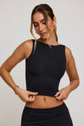 Chic High Neck Open Back Crop Top in Black
