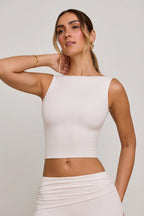 Chic High Neck Open Back Crop Top in White