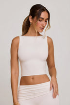 Chic High Neck Open Back Crop Top in White