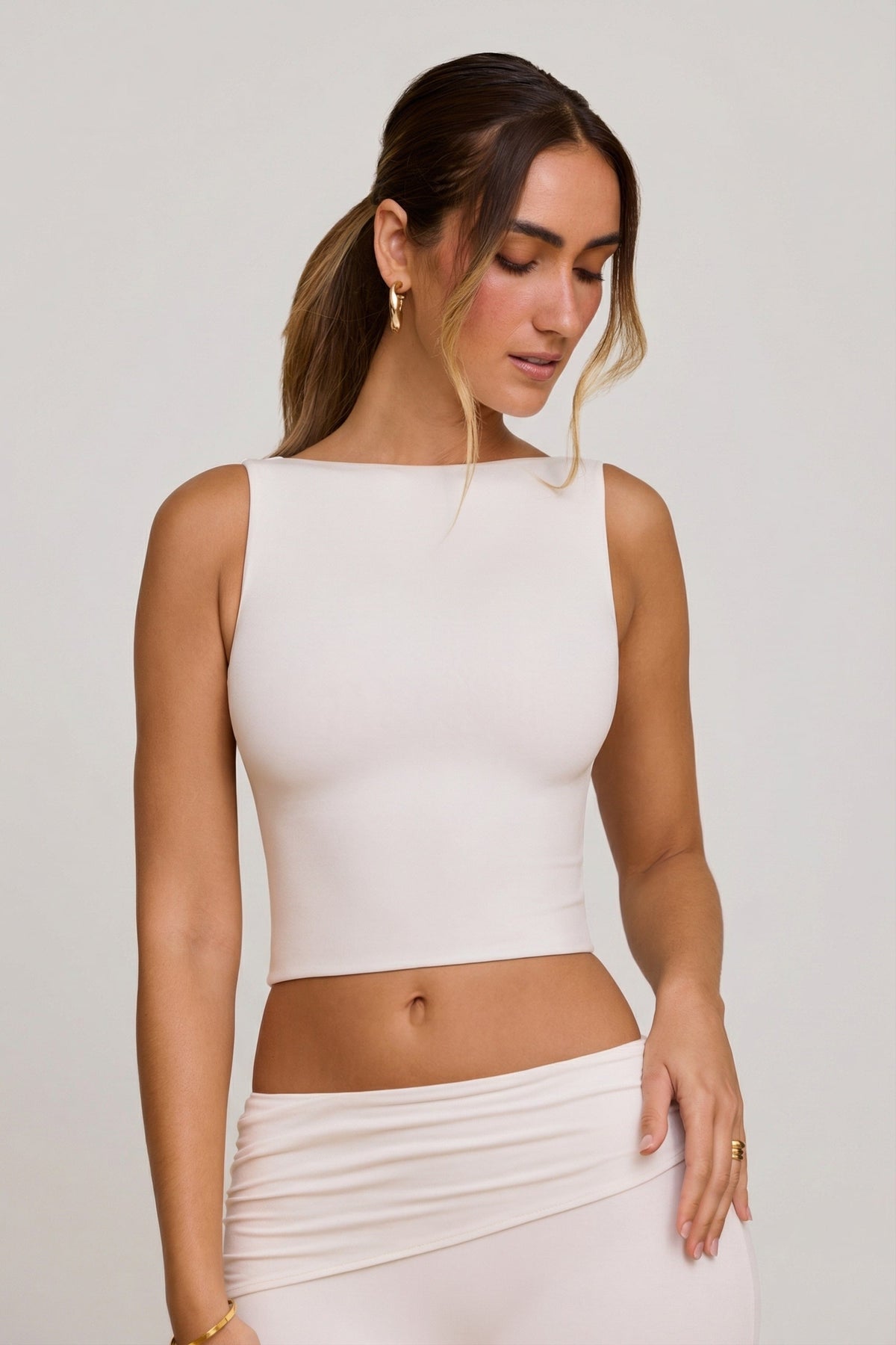 Chic High Neck Open Back Crop Top in White