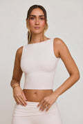 Chic High Neck Open Back Crop Top in White