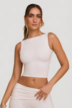 Chic High Neck Open Back Crop Top in White