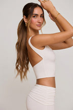 Chic High Neck Open Back Crop Top in White