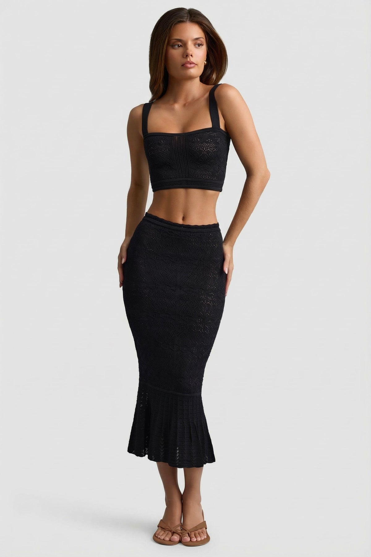 Chic Ruffle-Trim Pointelle-Knit Midaxi Skirt in Black