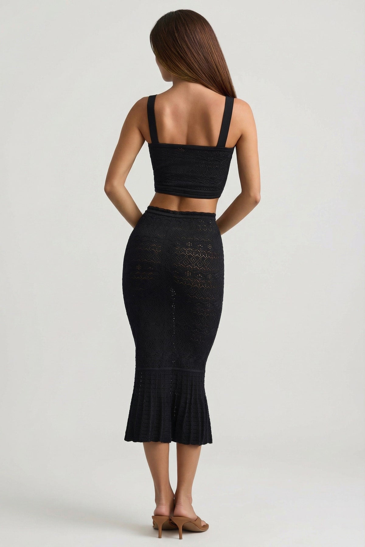 Chic Ruffle-Trim Pointelle-Knit Midaxi Skirt in Black