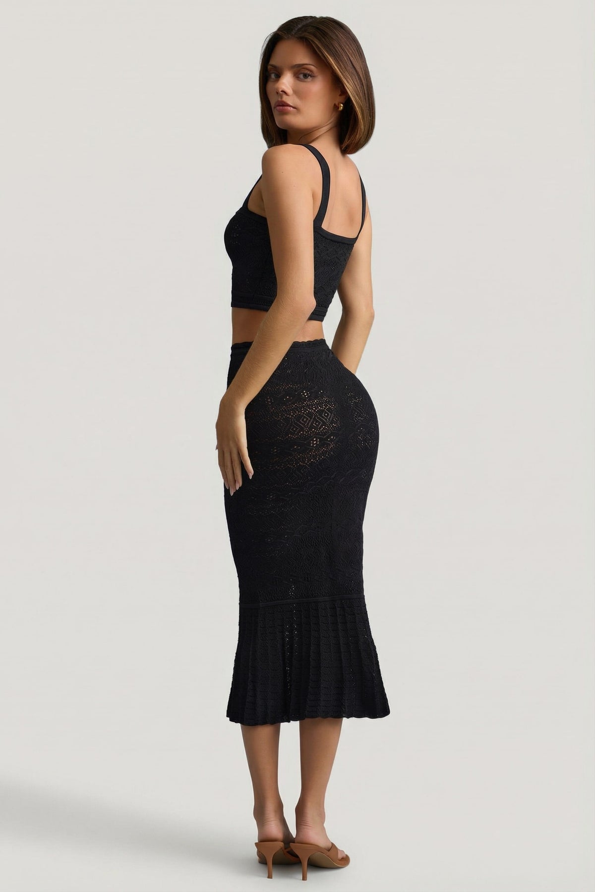Chic Ruffle-Trim Pointelle-Knit Midaxi Skirt in Black