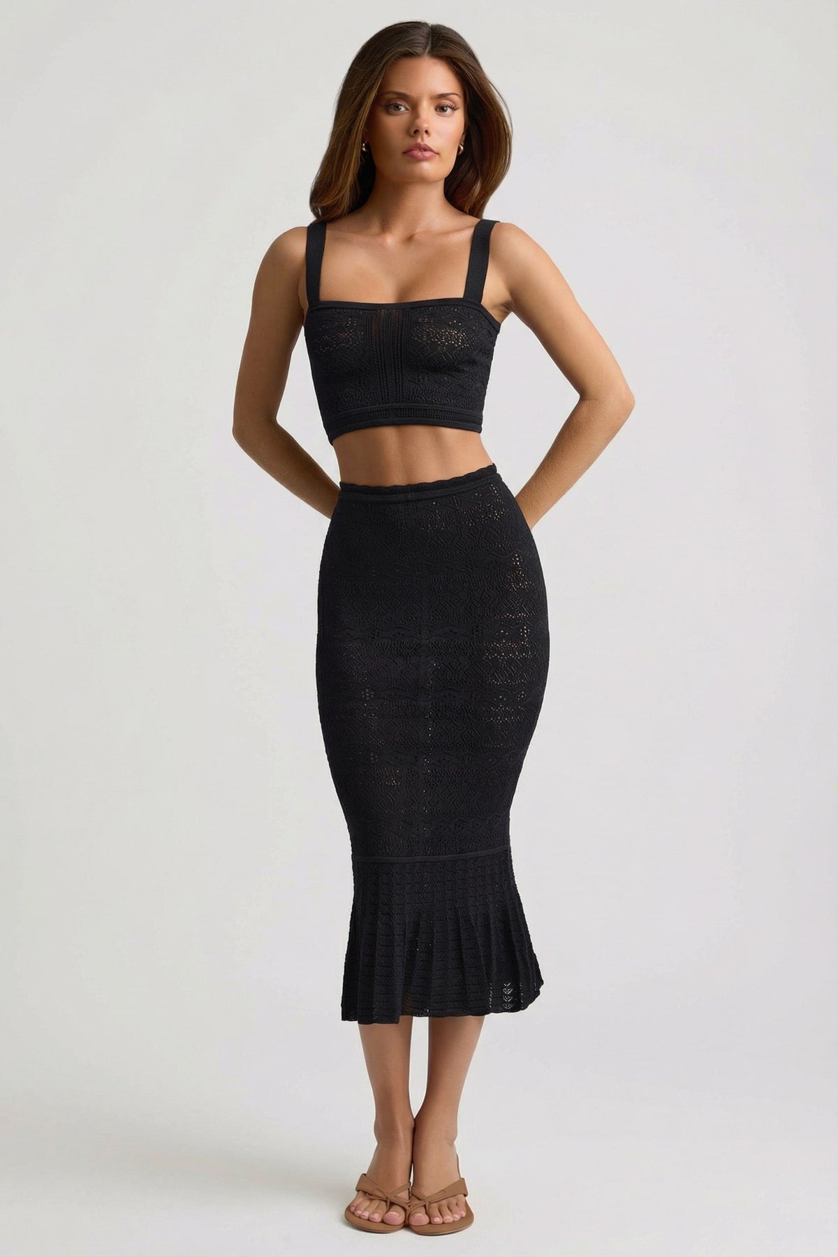 Chic Ruffle-Trim Pointelle-Knit Midaxi Skirt in Black