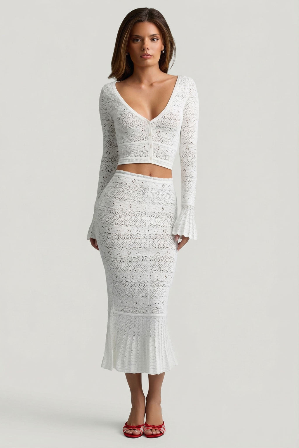 Chic Ruffle-Trim Pointelle-Knit Midaxi Skirt in White