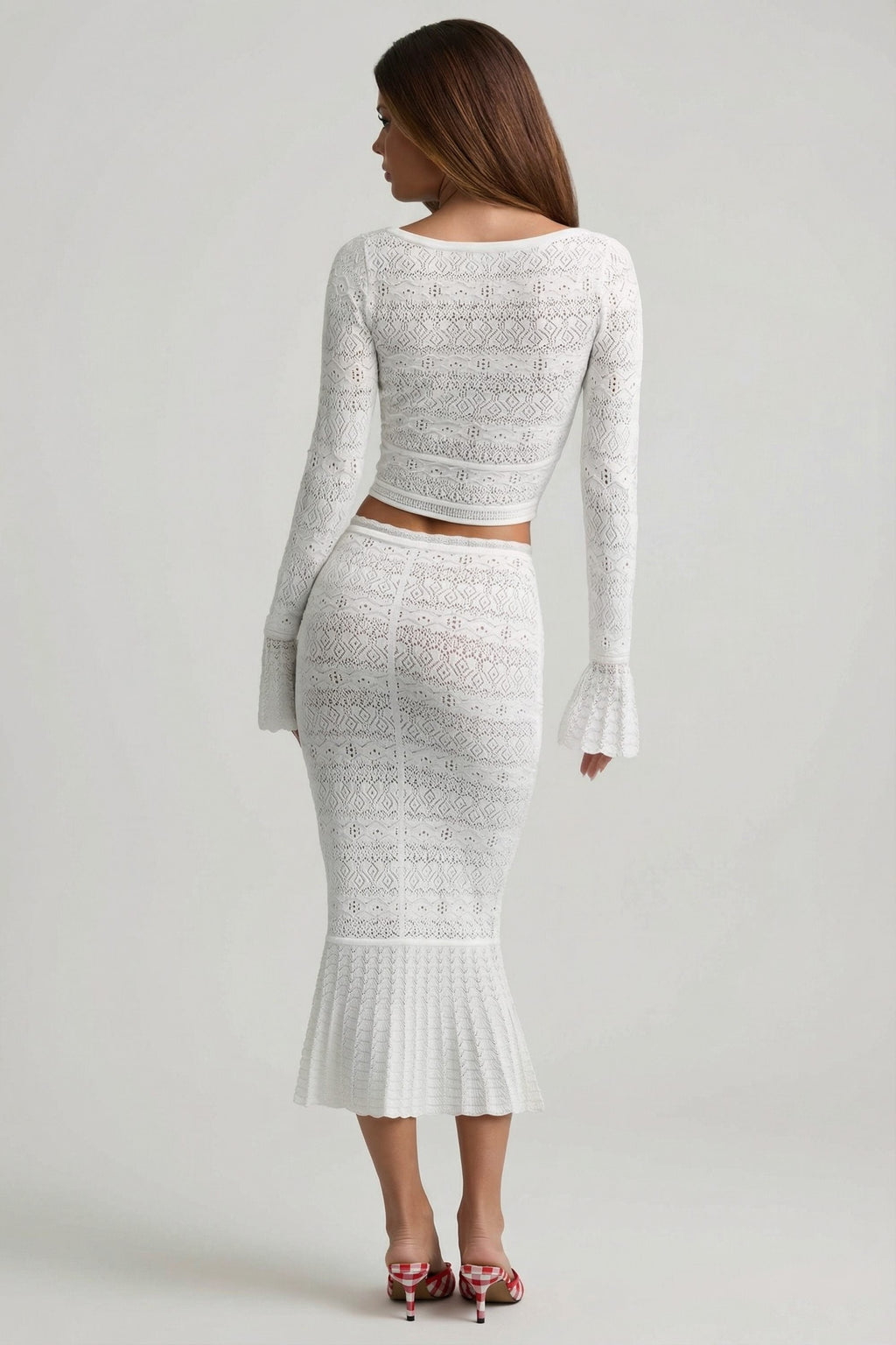 Chic Ruffle-Trim Pointelle-Knit Midaxi Skirt in White