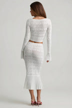 Chic Ruffle-Trim Pointelle-Knit Midaxi Skirt in White