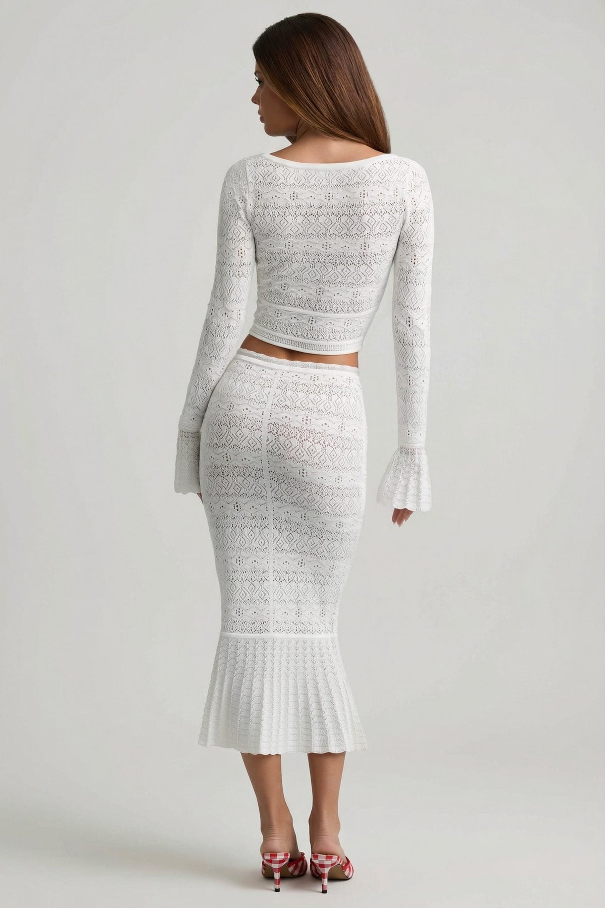 Chic Ruffle-Trim Pointelle-Knit Midaxi Skirt in White