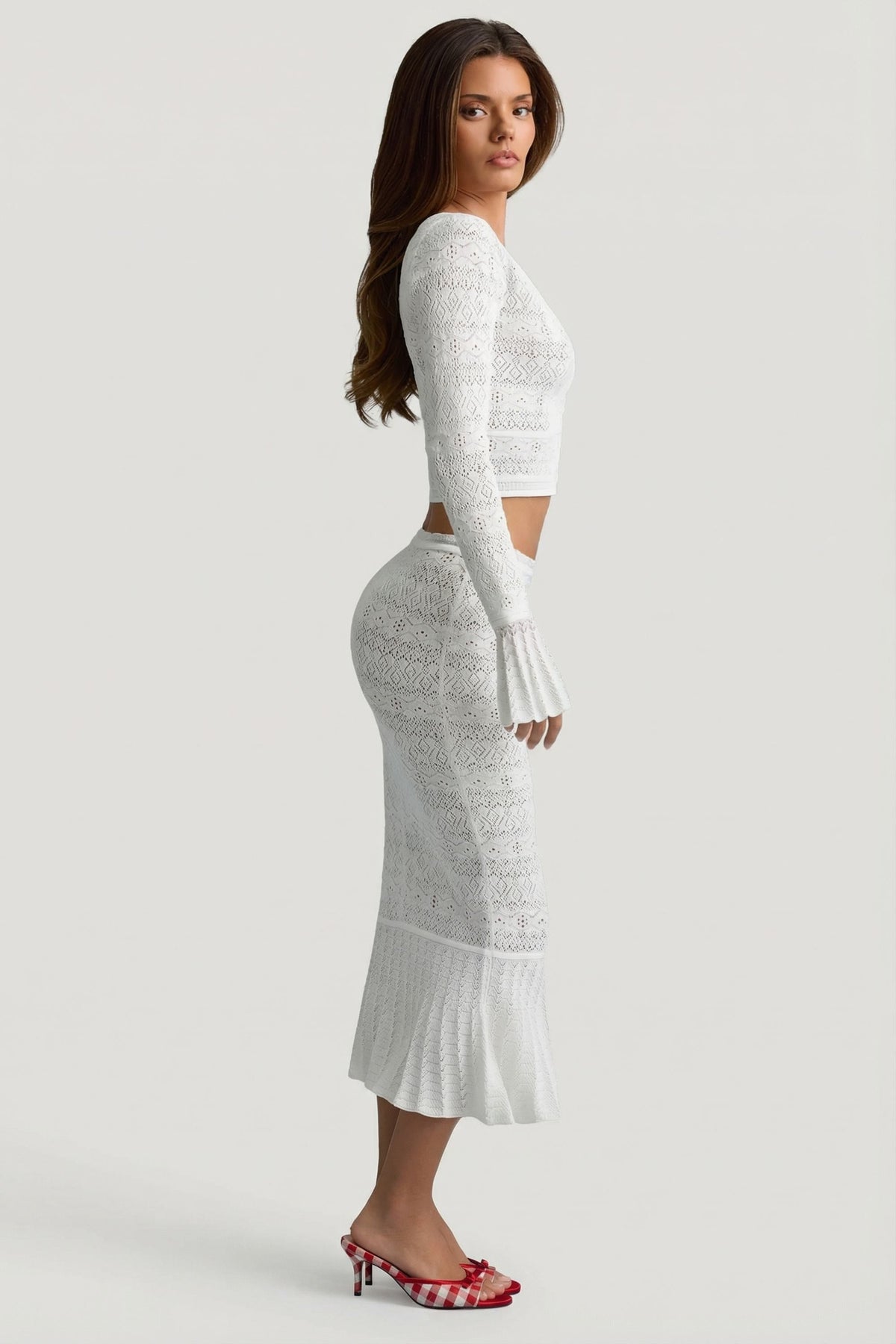 Chic Ruffle-Trim Pointelle-Knit Midaxi Skirt in White