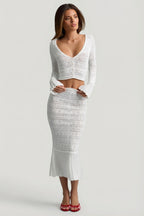 Chic Ruffle-Trim Pointelle-Knit Midaxi Skirt in White