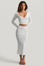 Chic Ruffle-Trim Pointelle-Knit Midaxi Skirt in White