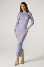 Chic Embellished Long Sleeve Maxi Dress in Blue