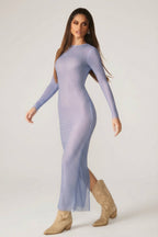 Chic Embellished Long Sleeve Maxi Dress in Blue