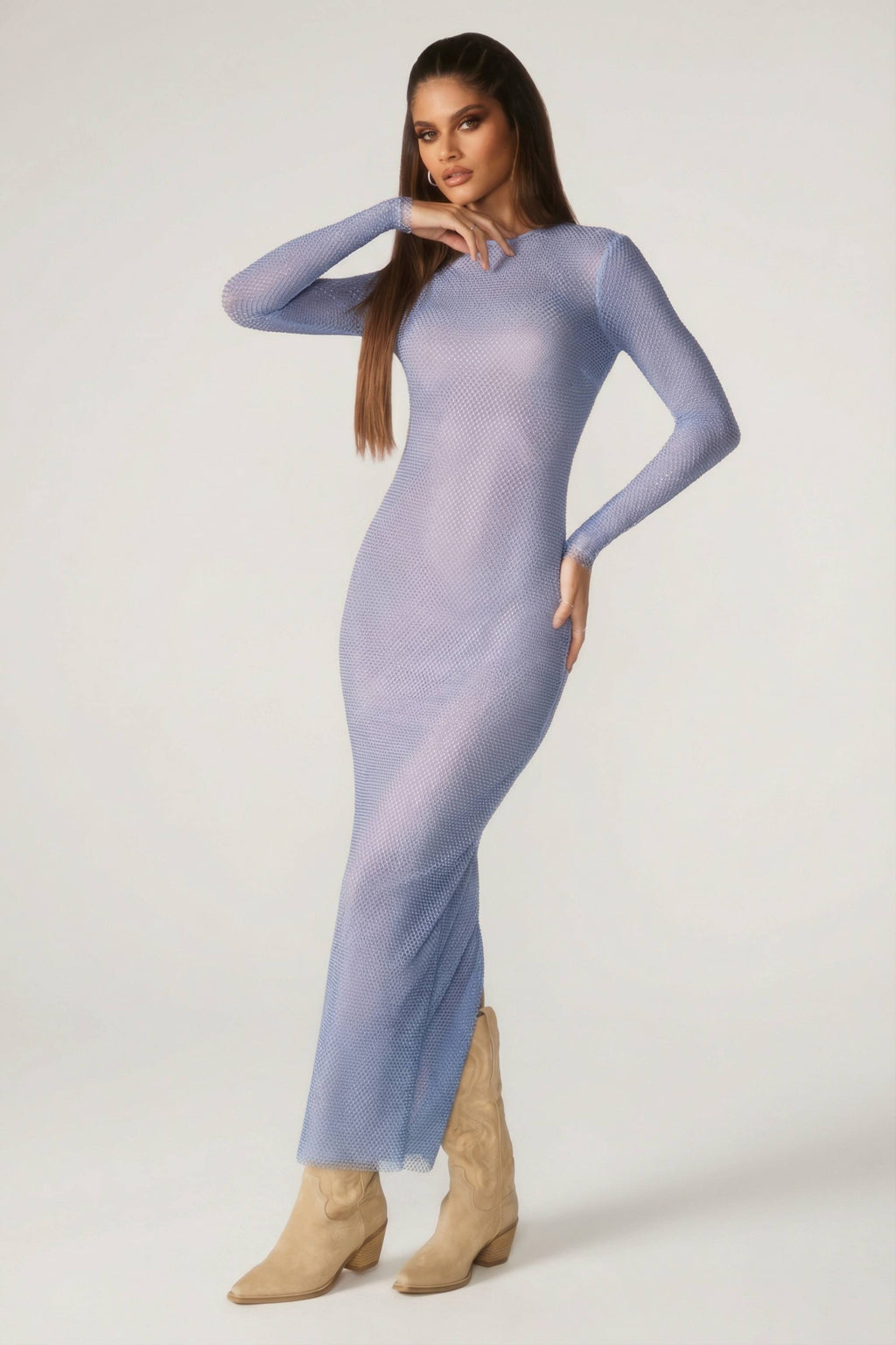 Chic Embellished Long Sleeve Maxi Dress in Blue