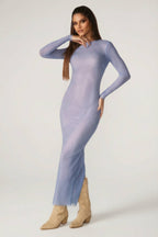 Chic Embellished Long Sleeve Maxi Dress in Blue