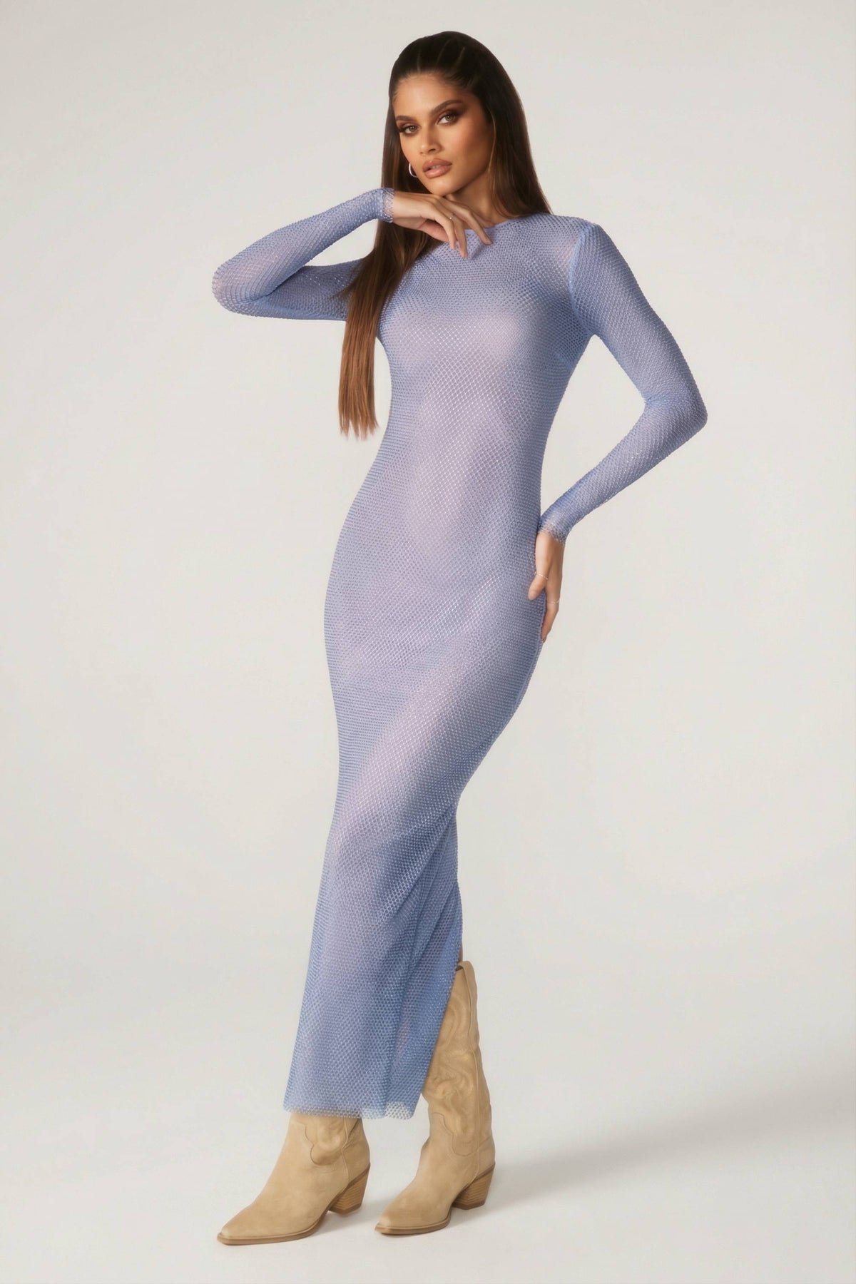 Chic Embellished Long Sleeve Maxi Dress in Blue