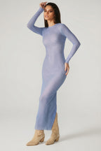 Chic Embellished Long Sleeve Maxi Dress in Blue