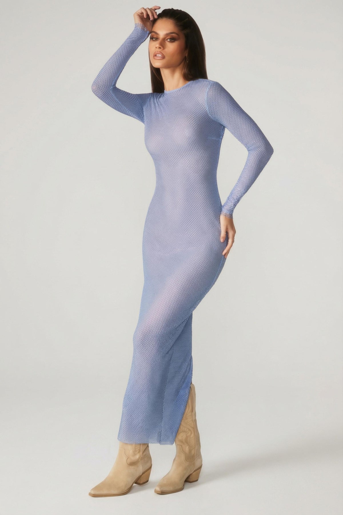 Chic Embellished Long Sleeve Maxi Dress in Blue