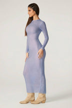 Chic Embellished Long Sleeve Maxi Dress in Blue