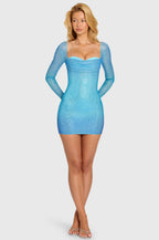 Chic Embellished Long-Sleeve Mini Dress in Blue Ombre