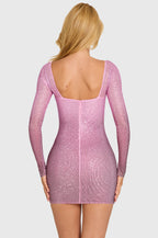 Chic Embellished Long-Sleeve Mini Dress in Pink Ombre