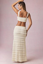 Chic Ruffled Mid-Rise Maxi Skirt in Ivory