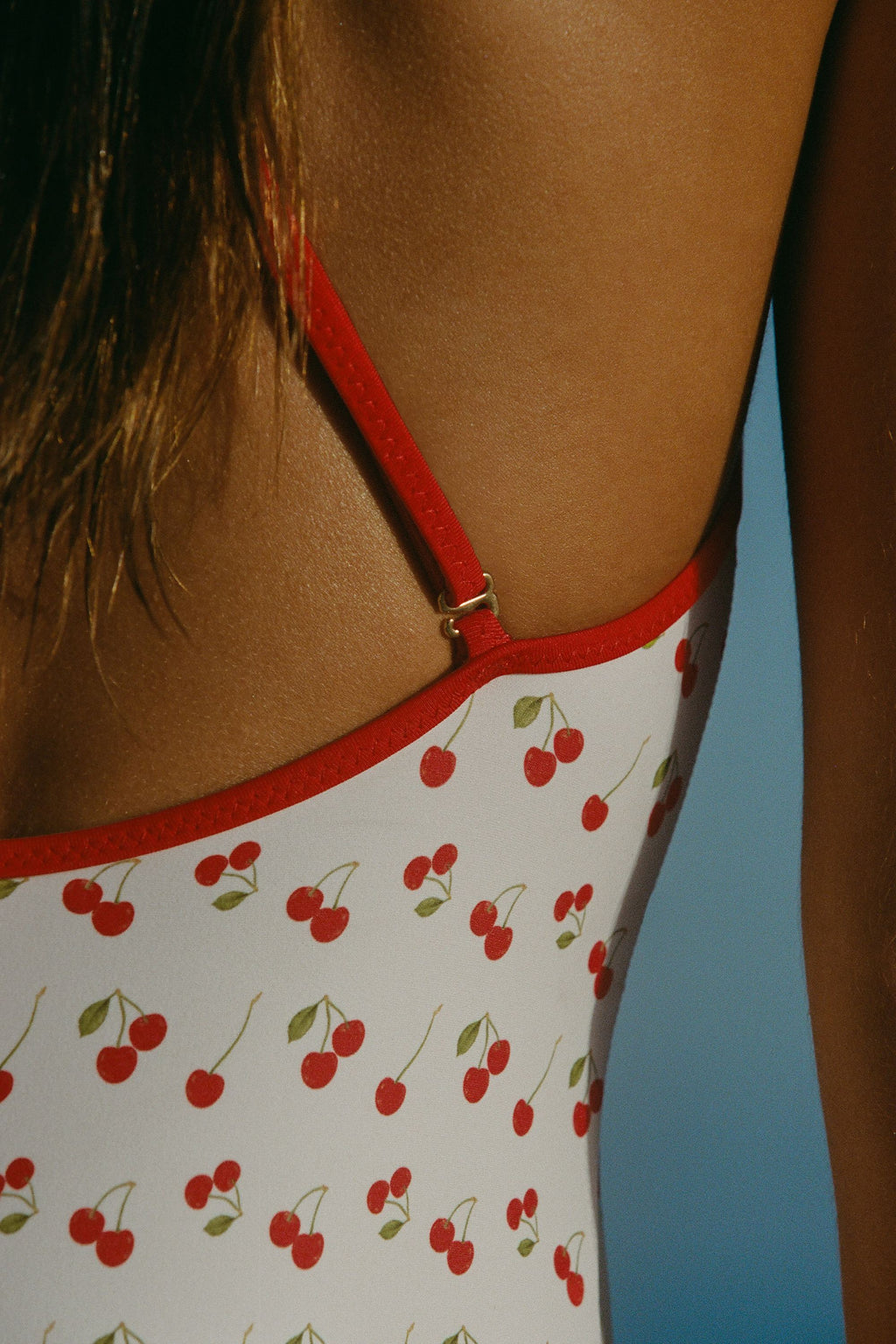 Chic Charm-Detail Cross-Back Swimsuit in Cherry Print