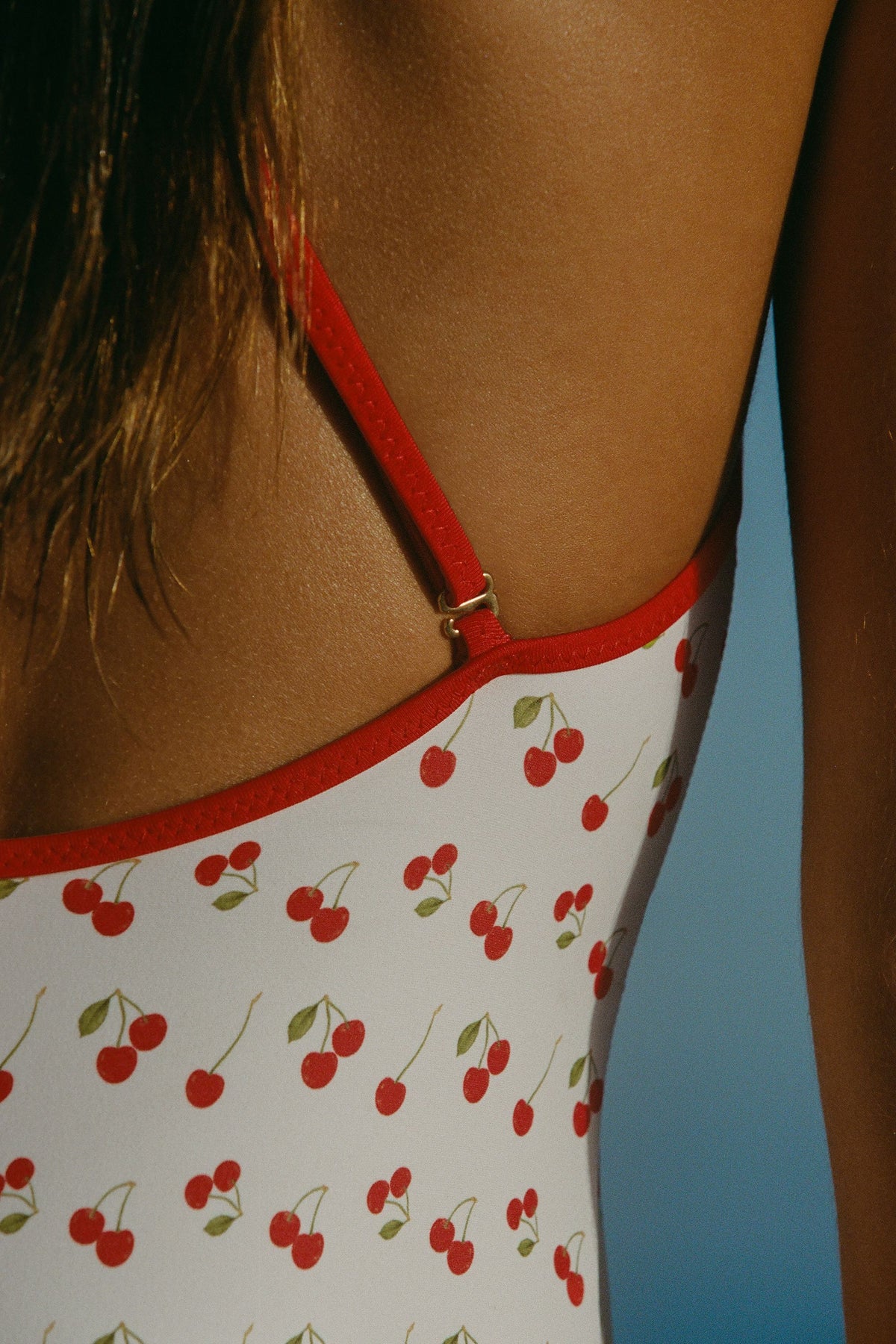Chic Charm-Detail Cross-Back Swimsuit in Cherry Print