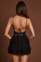 Chic Embellished Lace-Up Ruffle Mini Dress in Black Zebra