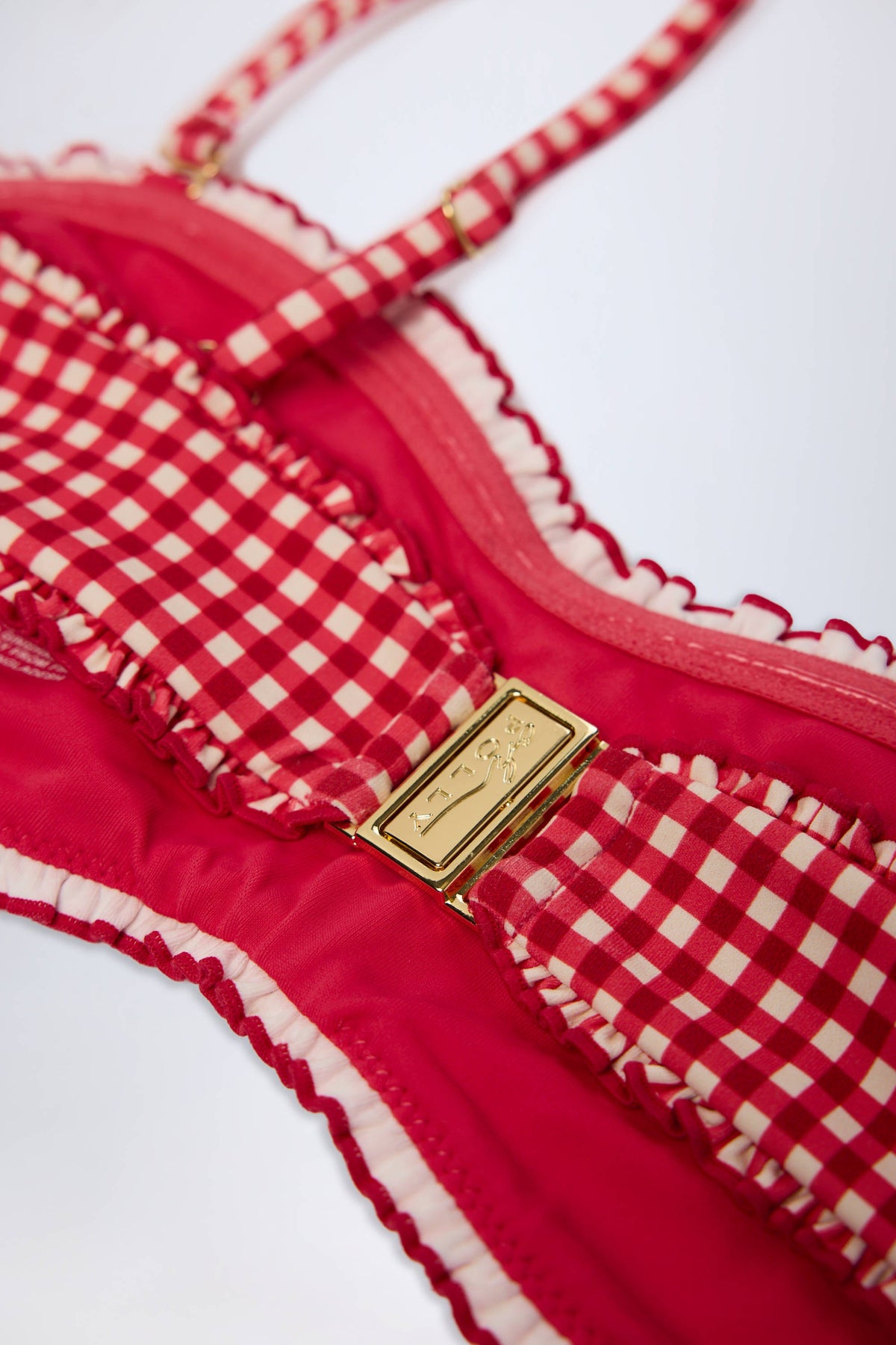 Chic Ruffled Bandeau Bikini Top in Red Gingham