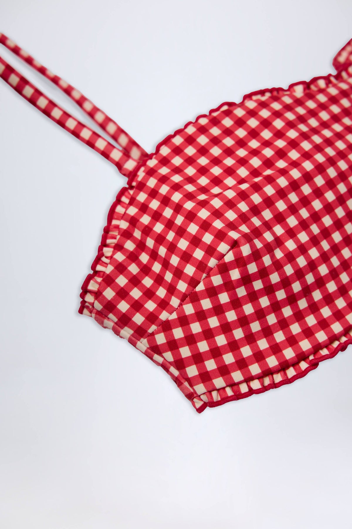 Chic Ruffled Bandeau Bikini Top in Red Gingham