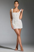 Chic Floral-Appliqué Square-Neck Corset Mini Dress in White