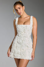 Chic Floral-Appliqué Square-Neck Corset Mini Dress in White