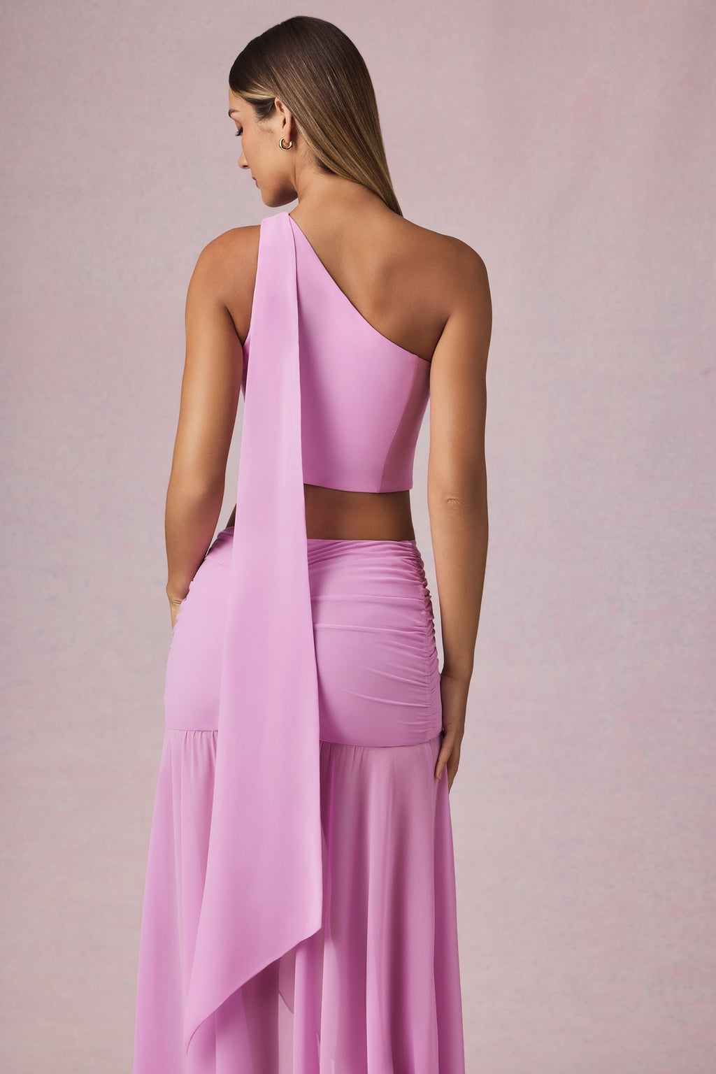 Chic Scarf-Detail One-Shoulder Top in Pink Orchid